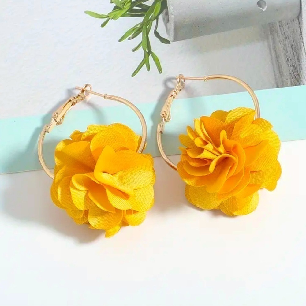 Yellow Floral Bohemian 18k Gold Plated Hoop  Earrings